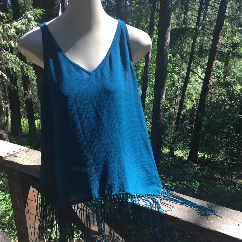 Belle Sky turquoise chiffon fringe tank top aqua blue blouse